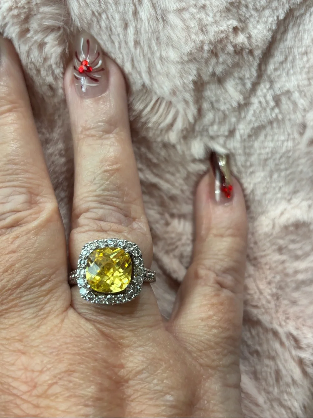 Yellow Cushion-Cut Halo Ring with Clear Accent Stones